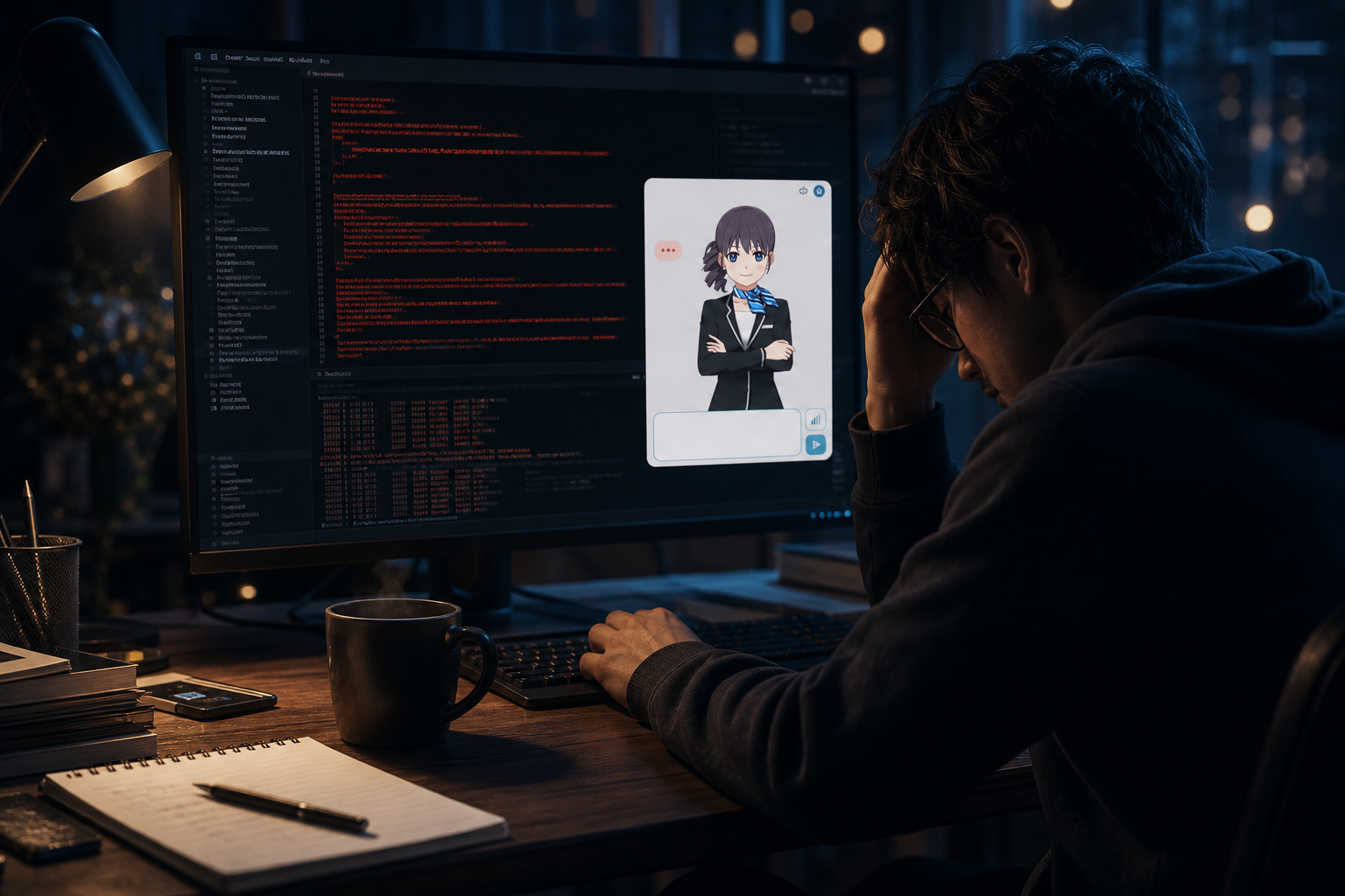ターミナルのエラーを見ながらMiaと話すイメージ