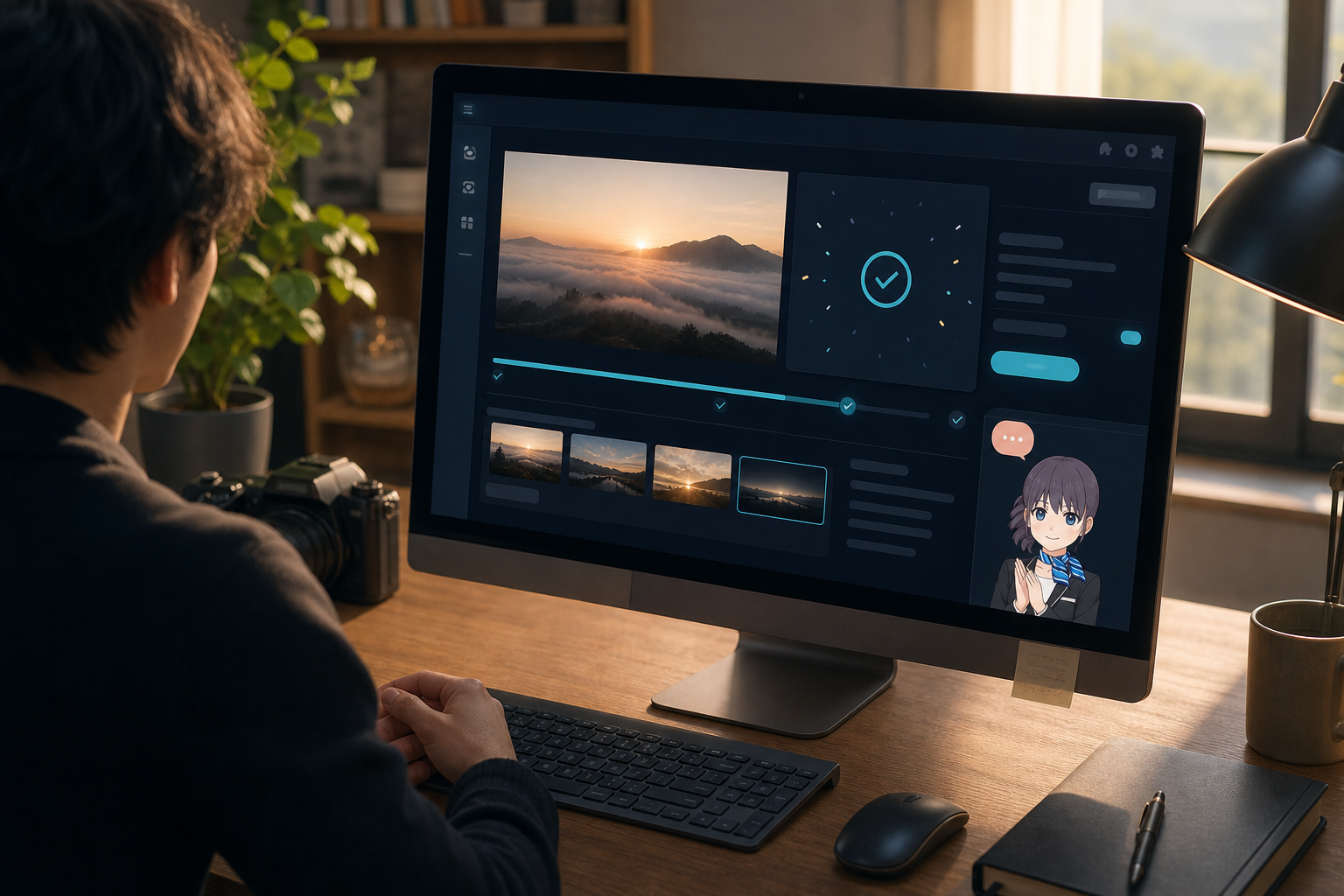 動画編集を見ながらMiaが応援するイメージ